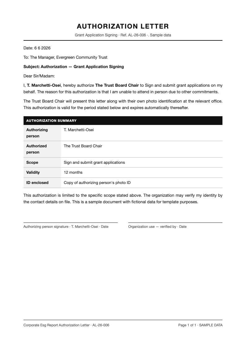 Corporate esg report authorization letter
